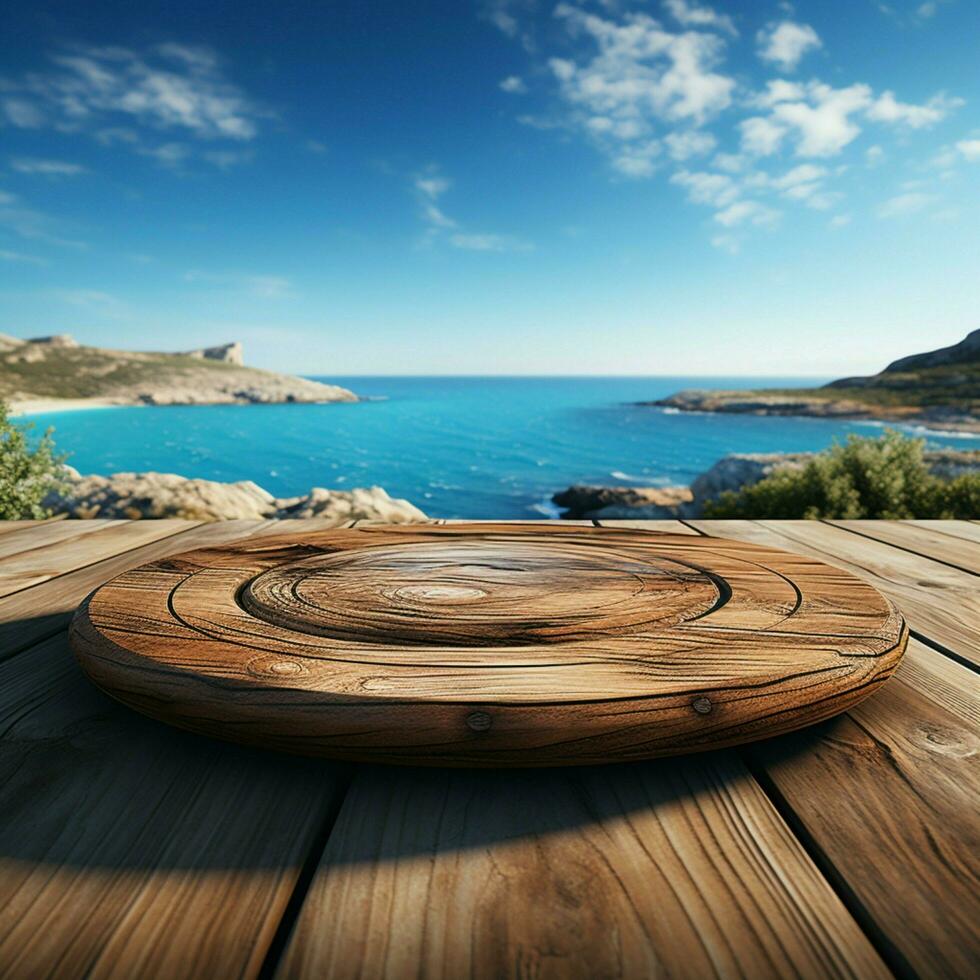 paesaggio marino fusione di legno tavolo in mezzo sfocato mare isola e espansivo blu cielo per sociale media inviare dimensione ai generato foto