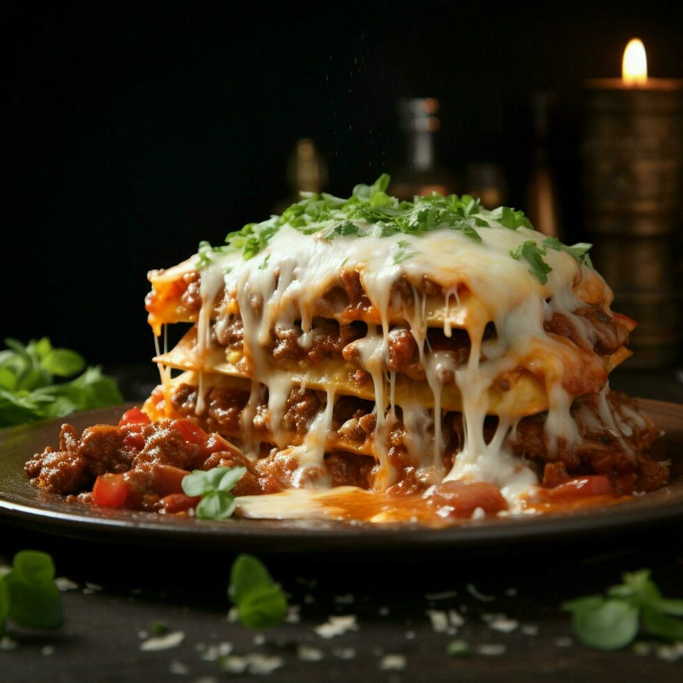 esplorando culinario abilità artistica con un' messa a fuoco su delizioso Manzo Lasagna per sociale media inviare dimensione ai generato foto