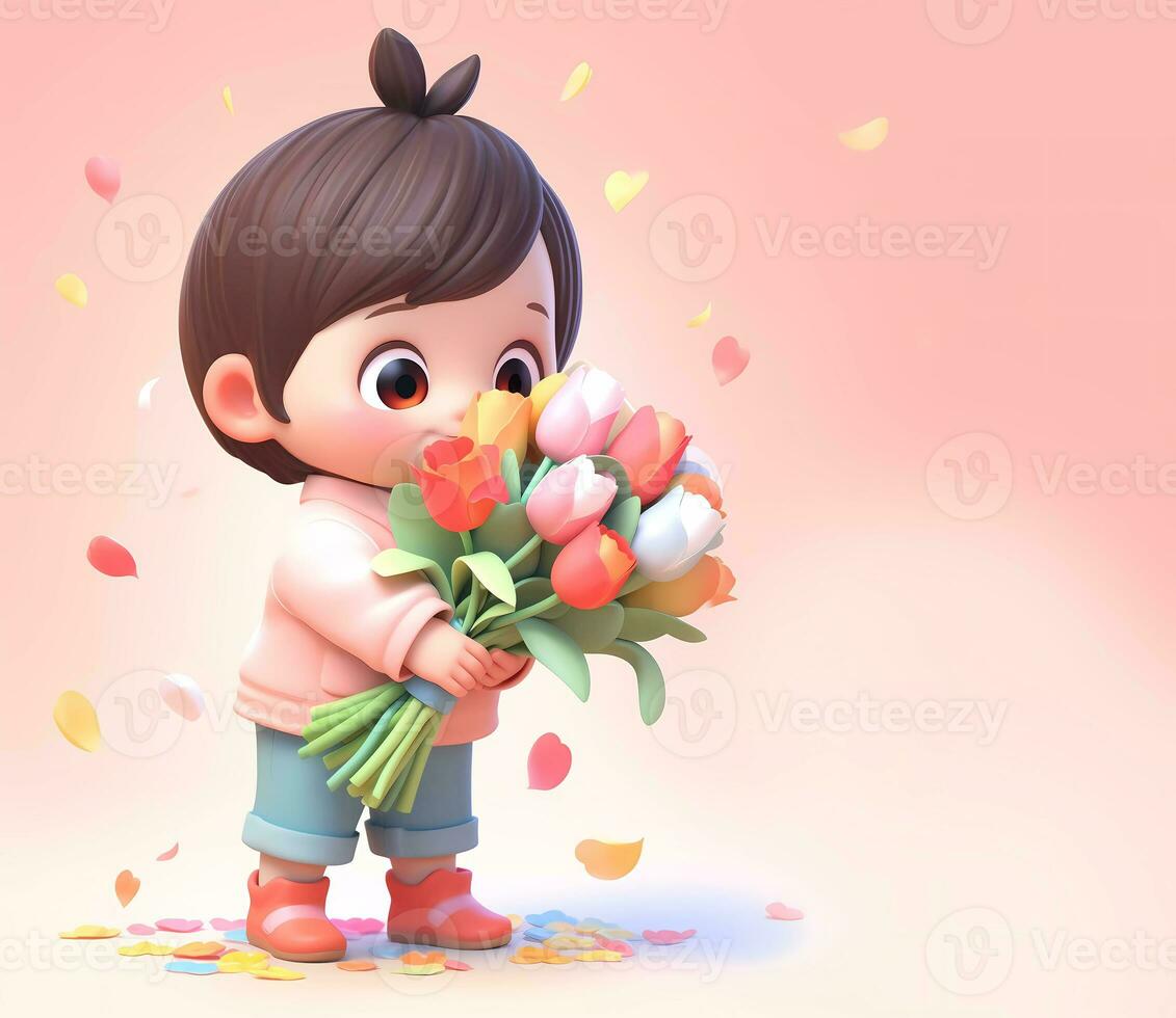 ai generato carino poco ragazzo Tenere un' mazzo di fiori nel madri giorno. internazionale Da donna giorno. foto