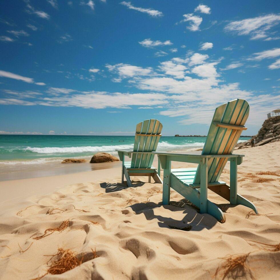costiero ritiro spiaggia sedie su bianca sabbia, abbracciato di blu cielo e sole per sociale media inviare dimensione ai generato foto