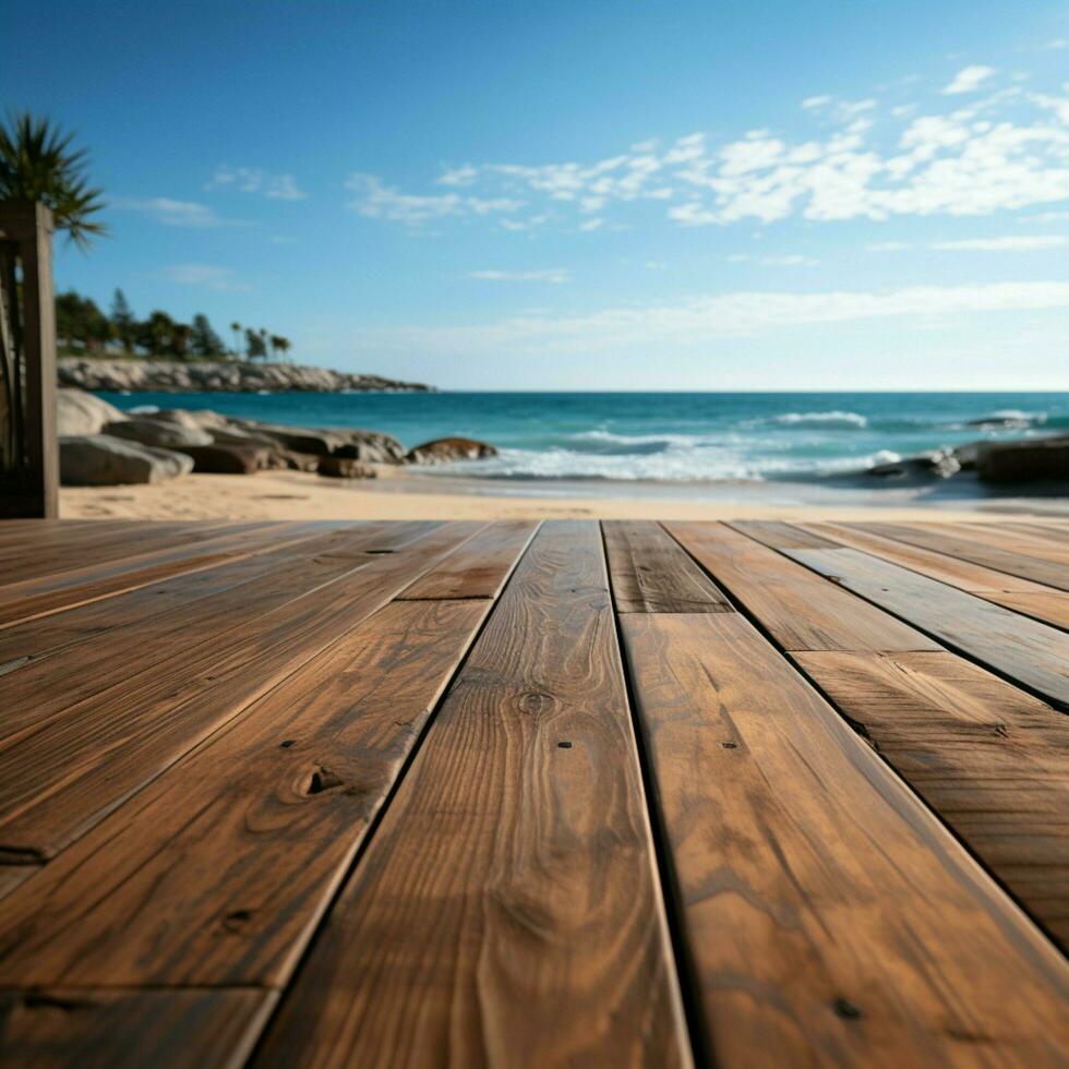 litorale palcoscenico sfocato spiaggia le forme fondale per di legno ponti versatile Prodotto viene visualizzato per sociale media inviare dimensione ai generato foto