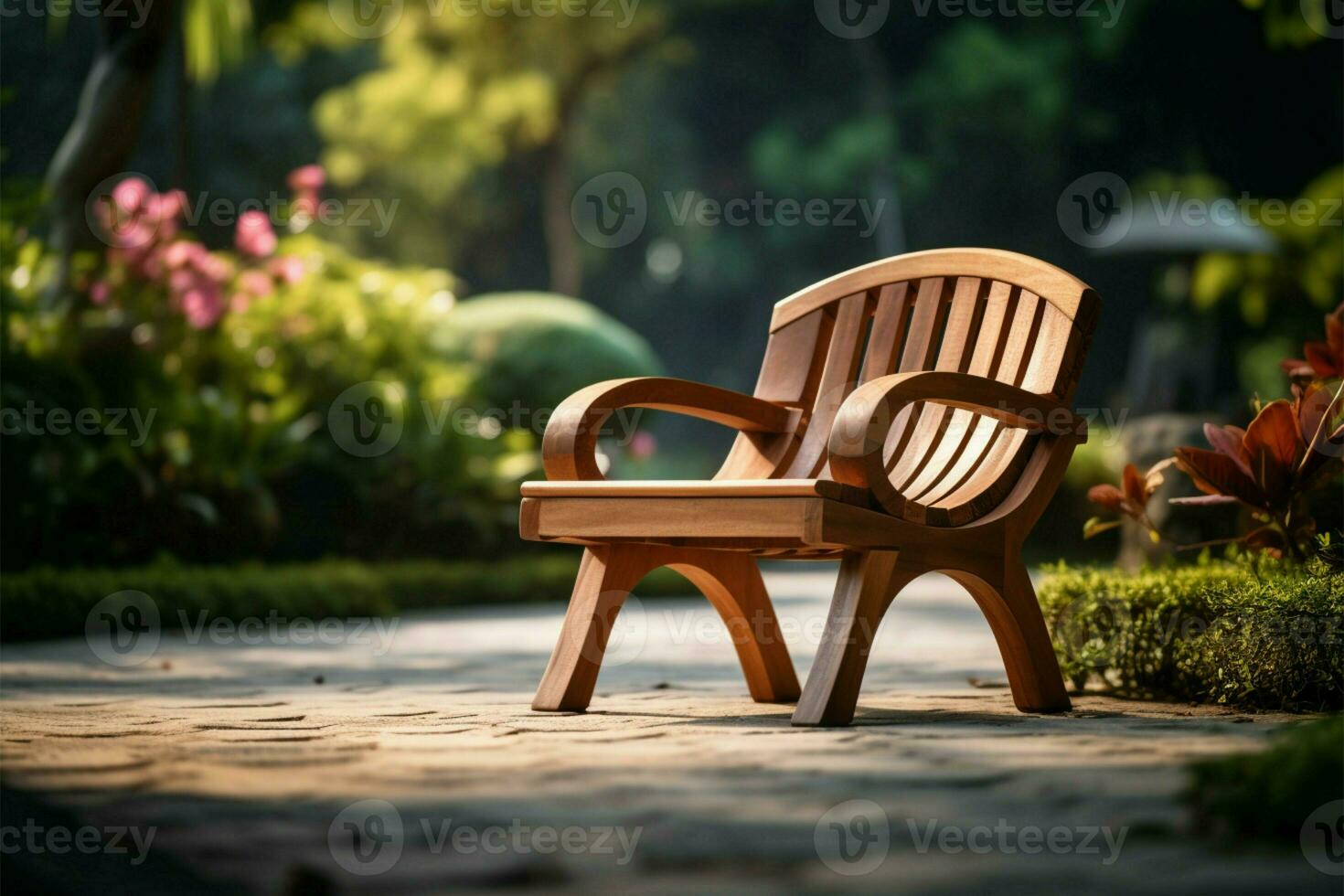 un' di legno giardino sedia, annidato nel il serenità di un' sfocato sfondo ai generato foto