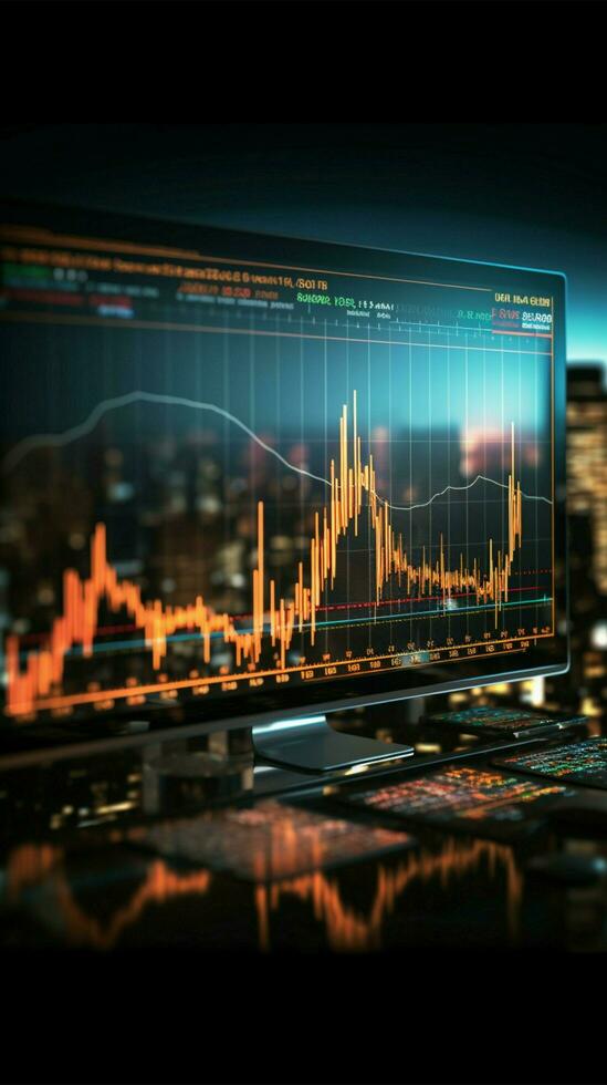 analizzando commercio tendenze attraverso azione mercato grafico per informato attività commerciale e finanziario decisioni verticale mobile sfondo ai generato foto