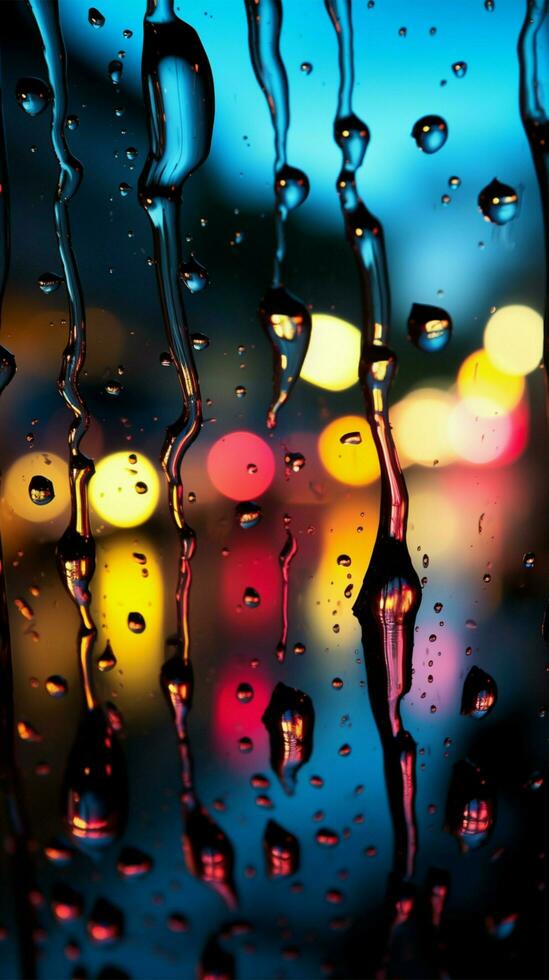 colorato notte luci al di fuori il finestra, gocce di pioggia Inserisci un' splendore verticale mobile sfondo ai generato foto