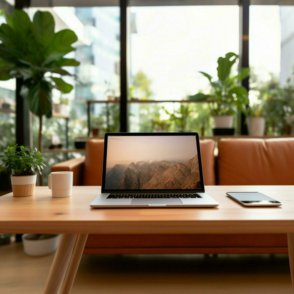 tavoletta modello con senza fili tastiera su un ufficio tavolo per sociale media inviare dimensione ai generato foto