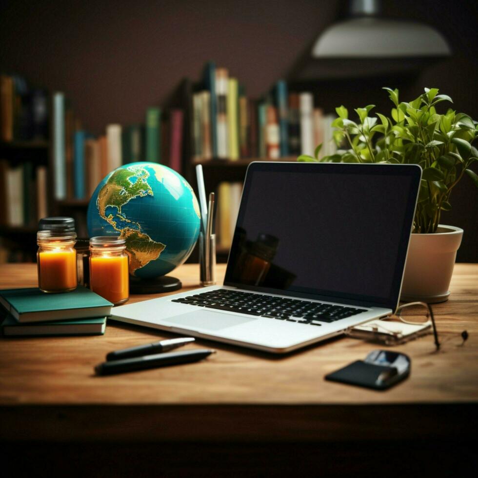 distanza formazione scolastica durante quarantena casa spazio di lavoro, computer, e scuola forniture per sociale media inviare dimensione ai generato foto