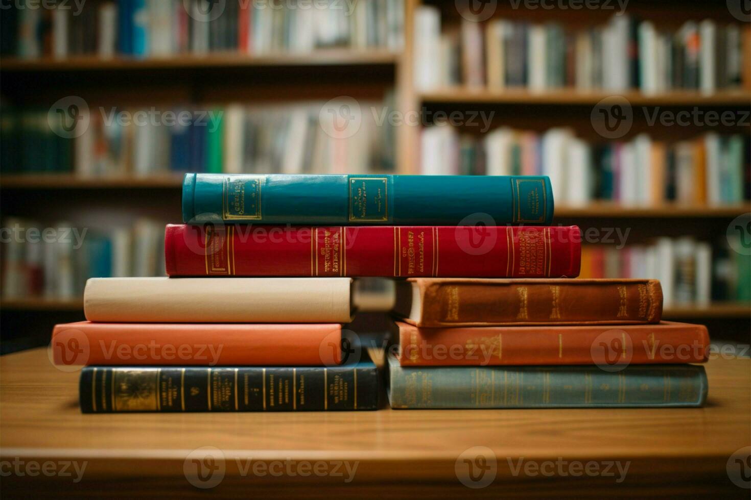 educativo tableau impilati libri, sfocato biblioteca libreria, studia ambiance ai generato foto