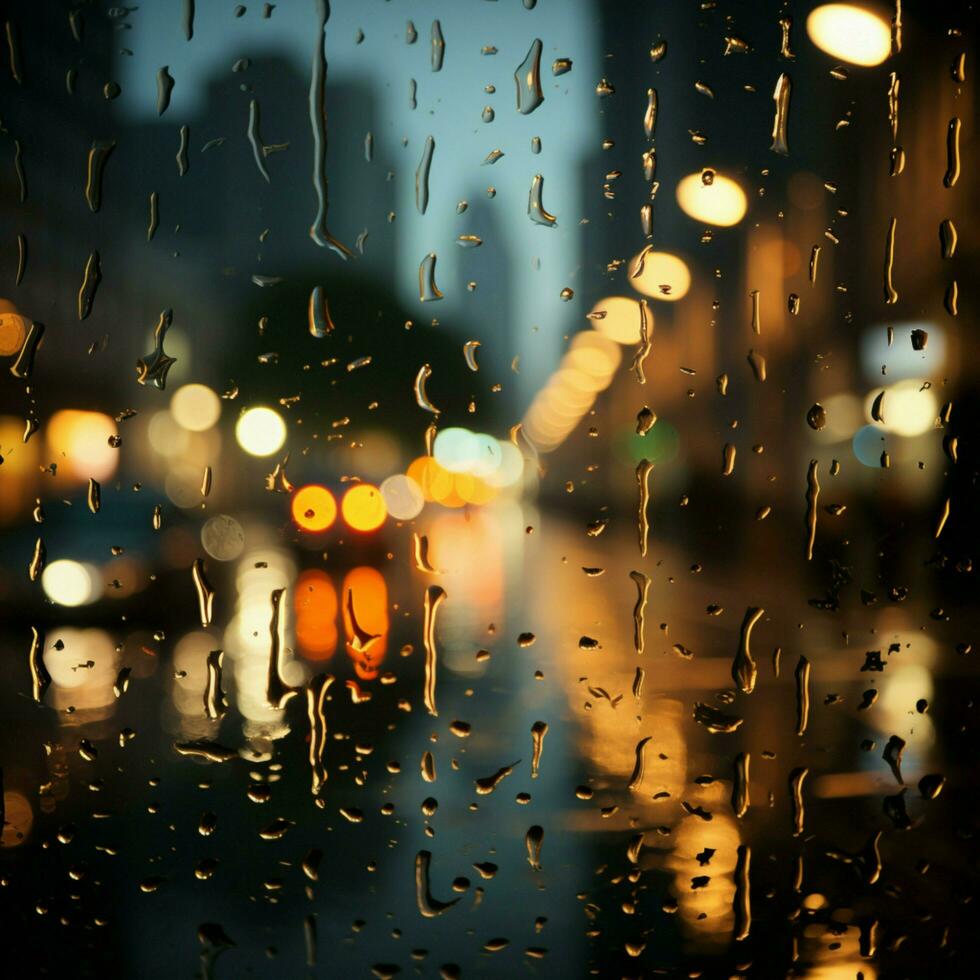 notturno paesaggio urbano attraverso pioggia maculato bicchiere, sfondo ammorbidito di sfocatura per sociale media inviare dimensione ai generato foto