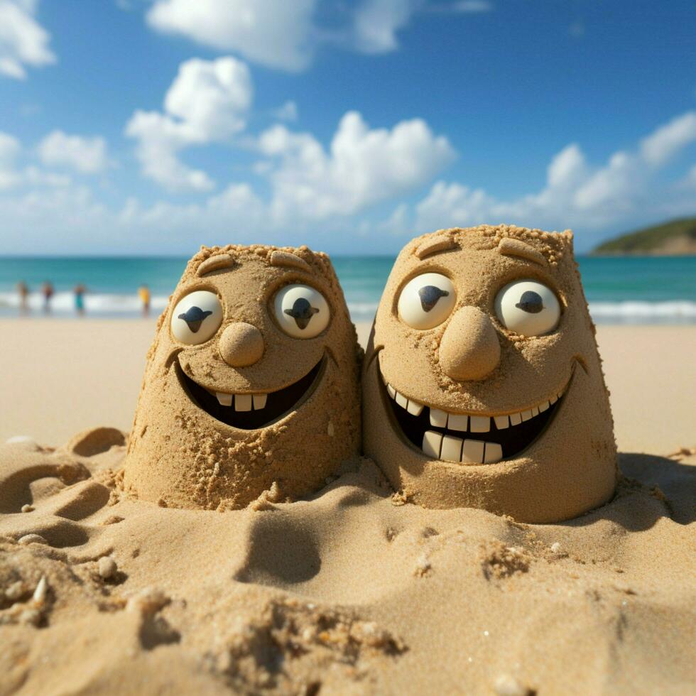 famiglia momenti sabbioso spiaggia con famiglia viso simbolo e vuoto copia spazio per sociale media inviare dimensione ai generato foto