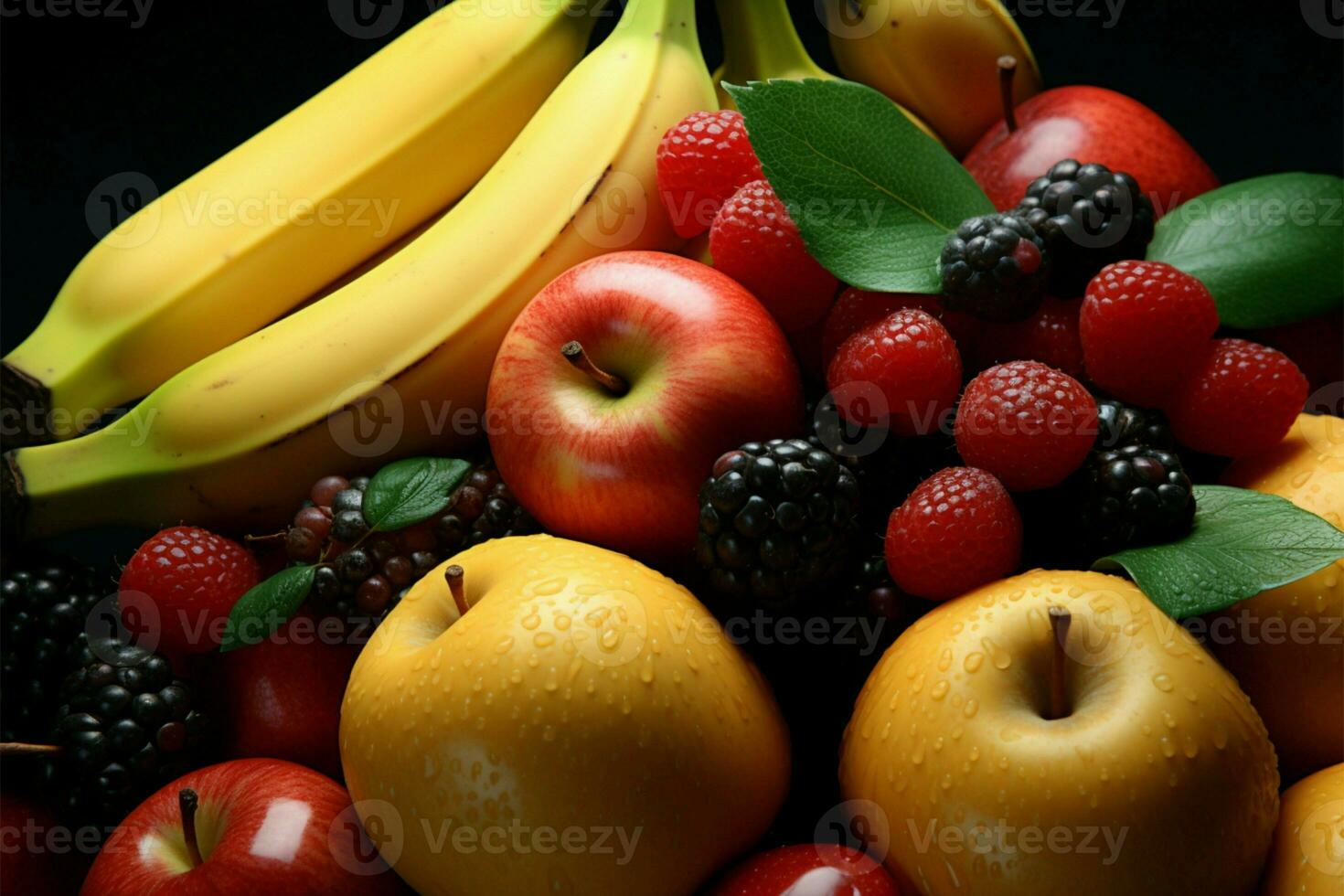 un' sfondo ornato con un assortimento di appetitoso e colorato frutta ai generato foto