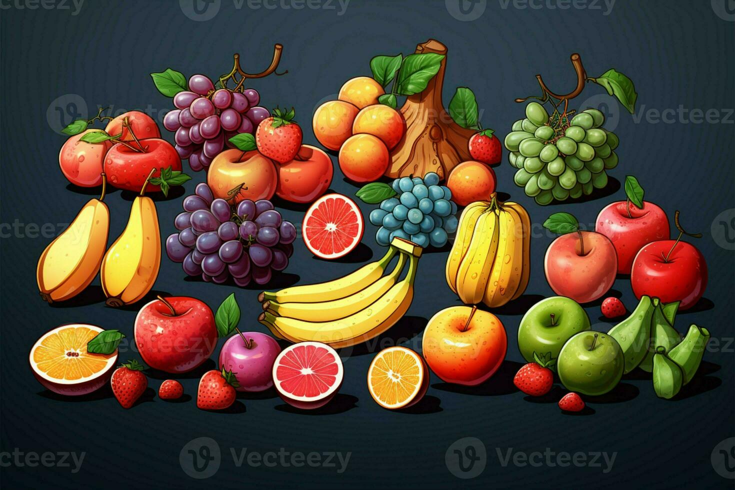 tutti il tuo preferito frutta presentata nel un' pulire, 2d arte stile ai generato foto