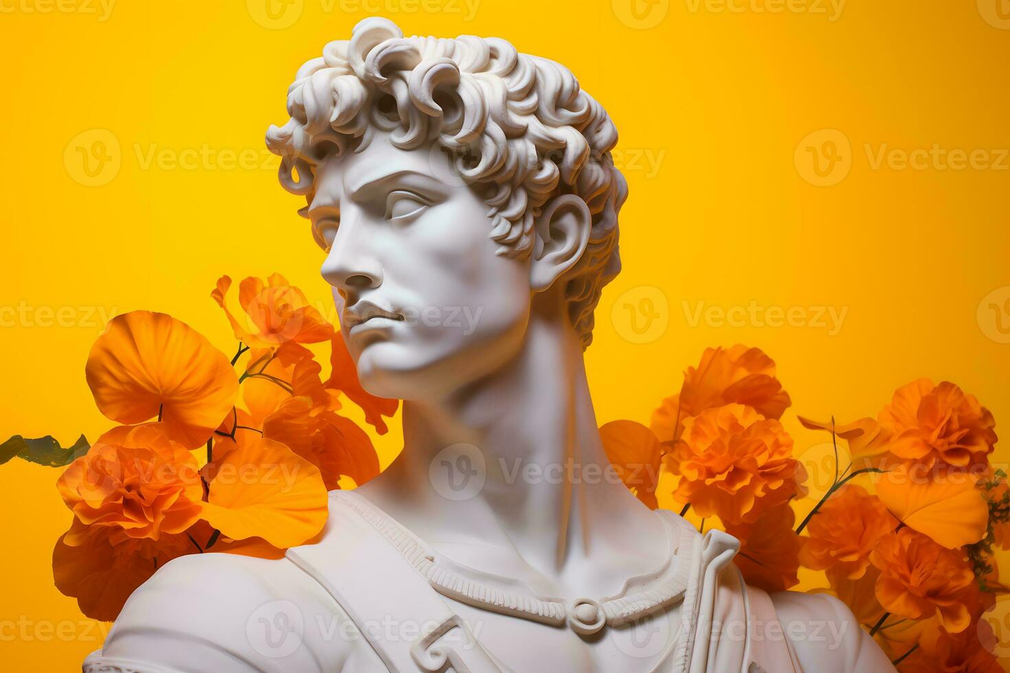 bianca marmo statua di Apollo con arancia fiori su un' giallo sfondo ai generato foto