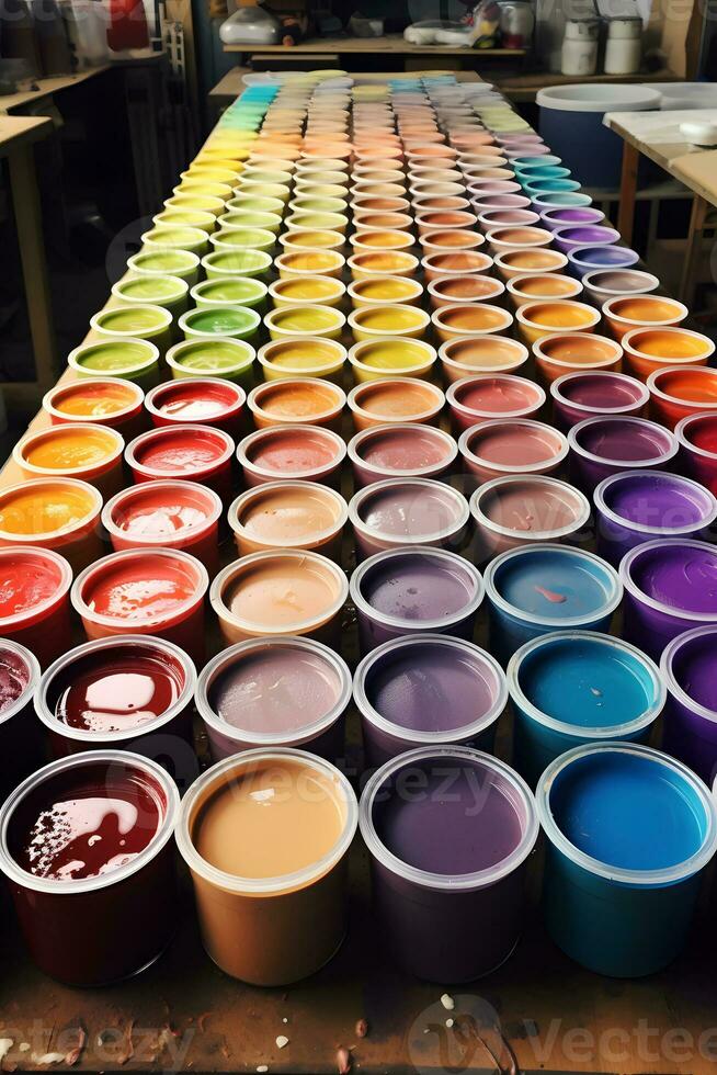 dipingere lattine di diverso colori su il tavolo nel il dipingere negozio ai generato foto