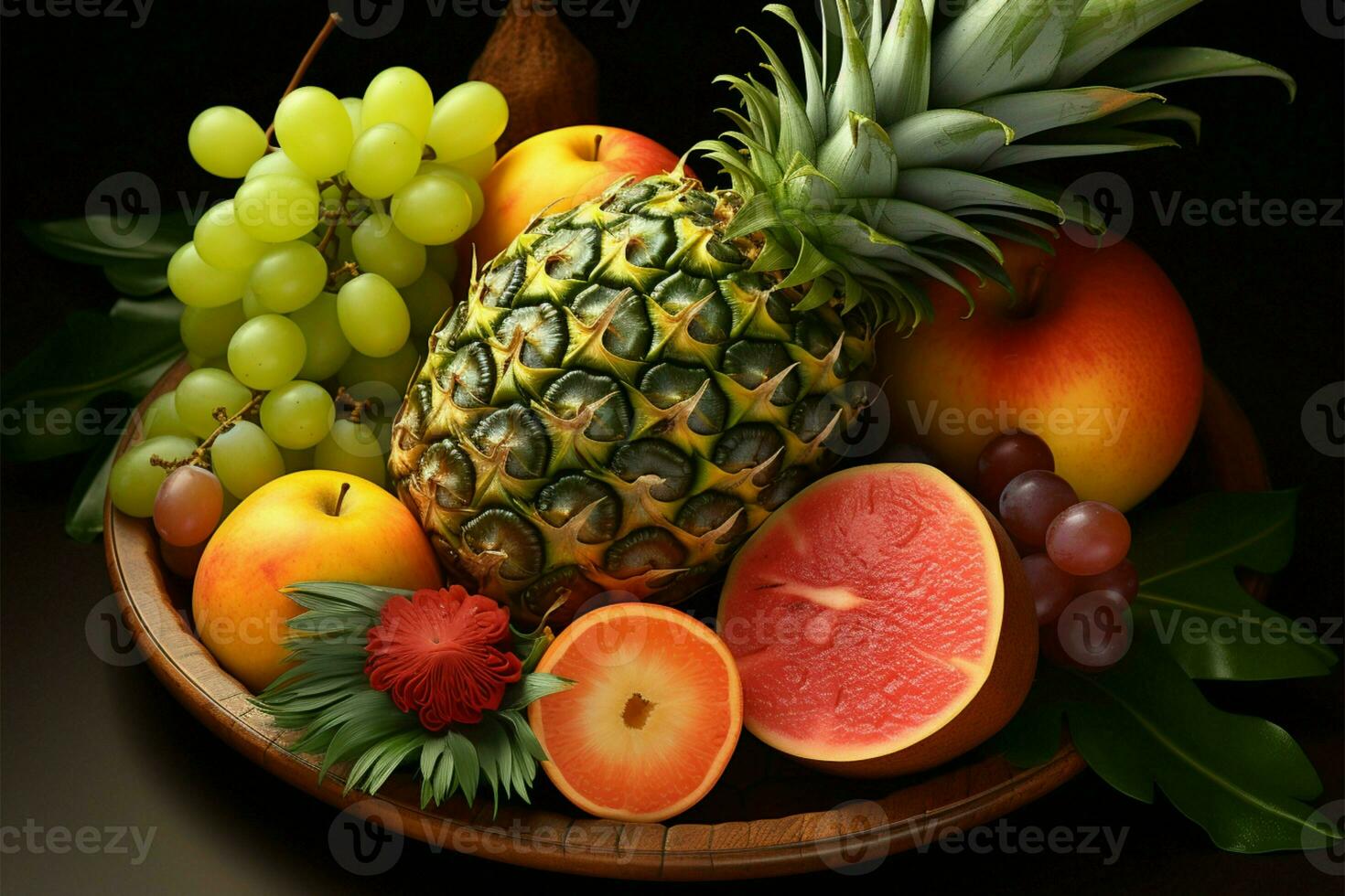 ananas centrotavola su un' vivace piatto di tropicale frutta medley ai generato foto