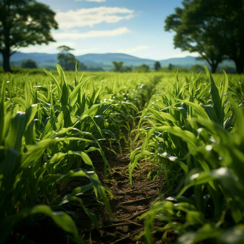 privato aziende agricole Mais righe, vivace verde germogli coperta il fertile campo per sociale media inviare dimensione ai generato foto