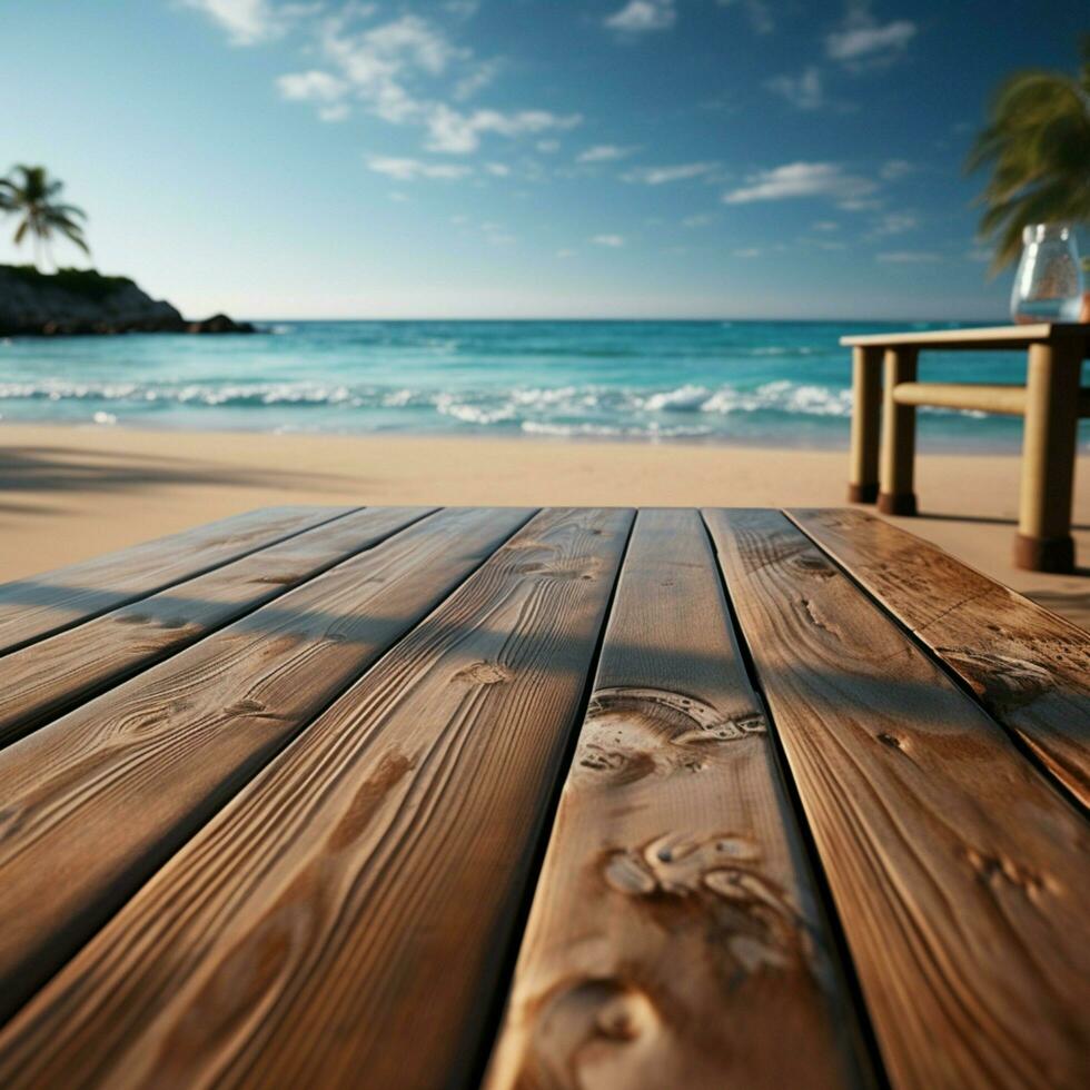 mare marketing legna pavimento ponte impostato contro sfocato spiaggia, Perfetto per Prodotto vetrine per sociale media inviare dimensione ai generato foto