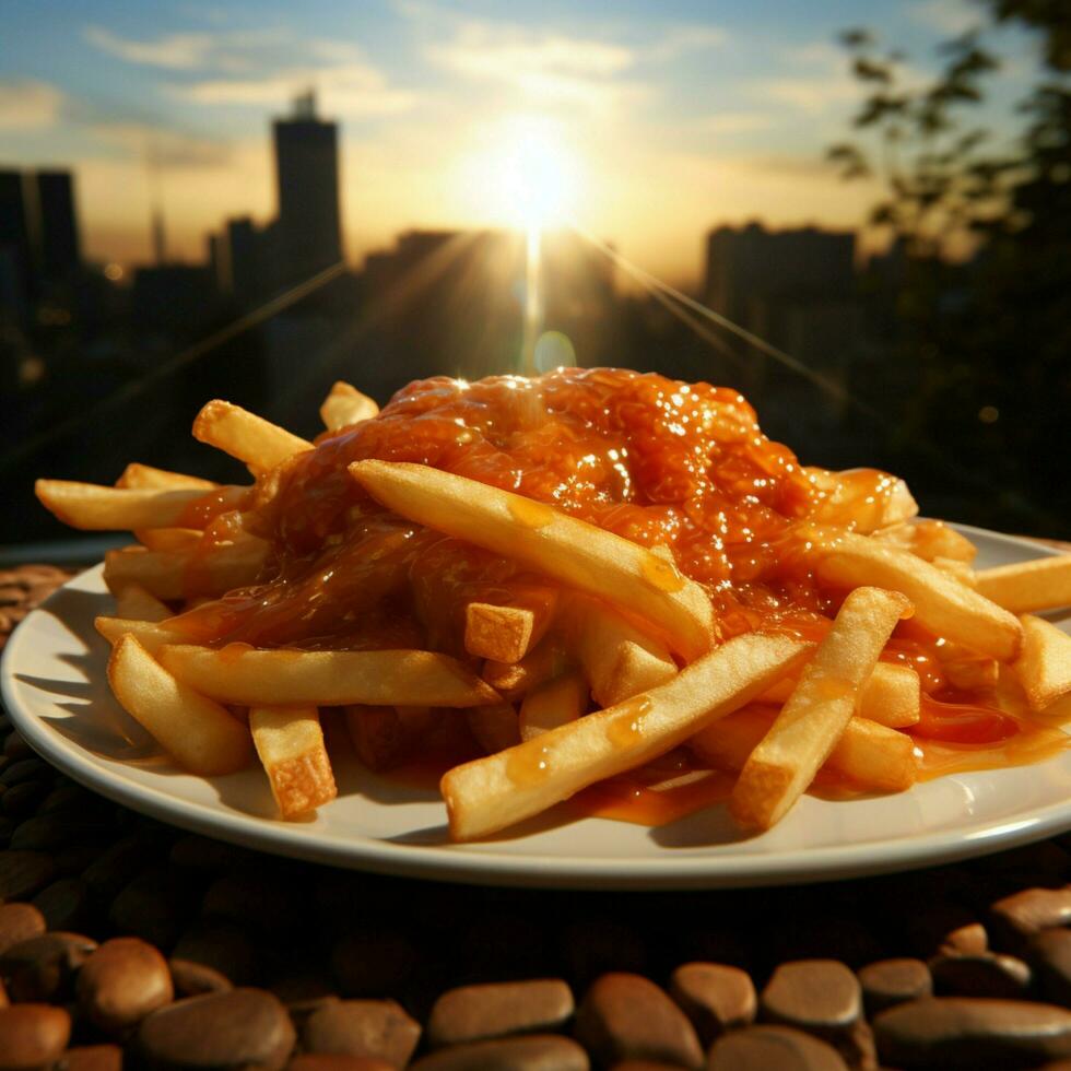 Soli intensità patatine fritte marciapiede uovo, epitome di frizzante caldo estate temperature per sociale media inviare dimensione ai generato foto