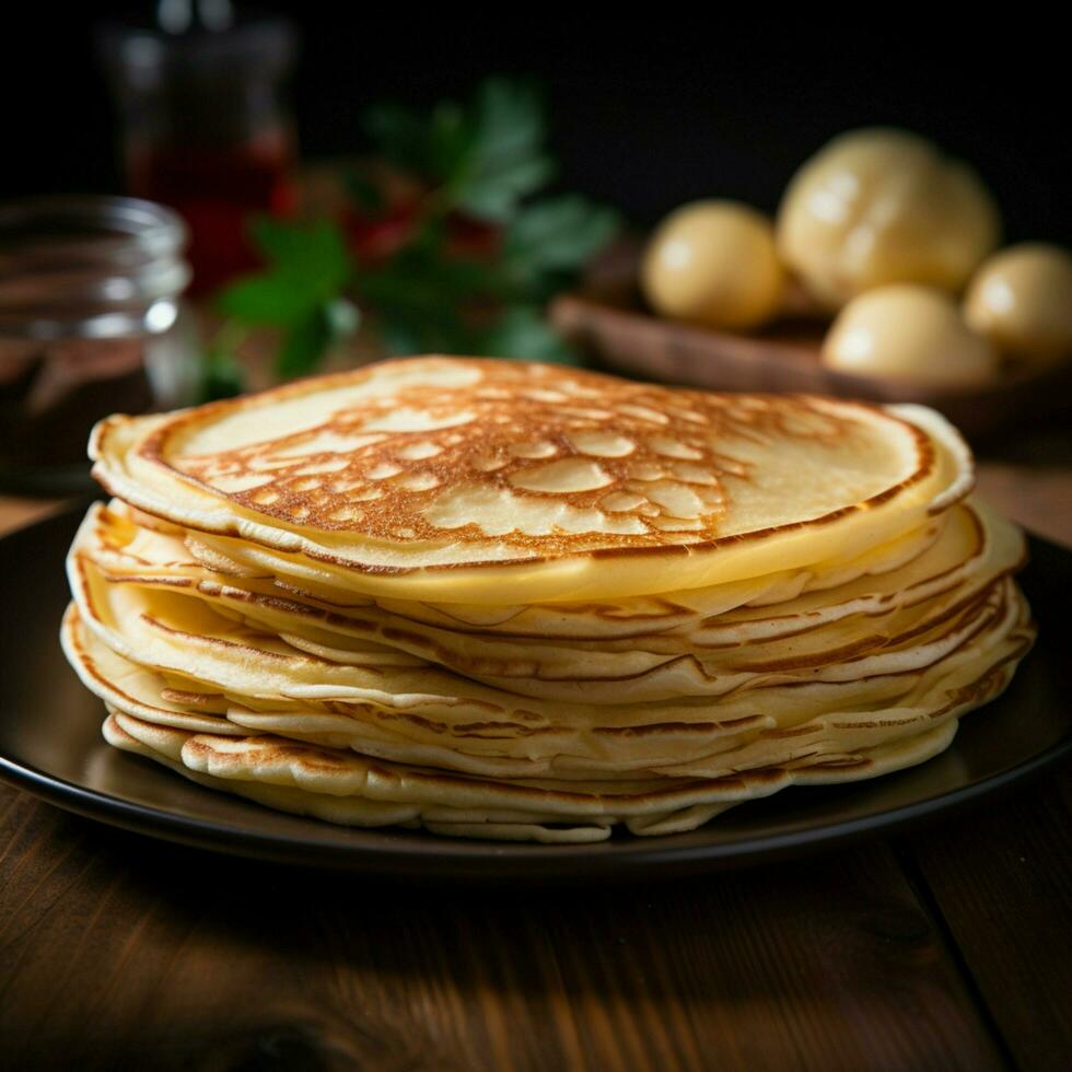 vicino su di magro Pancakes impilati su un' rustico di legno piatto per sociale media inviare dimensione ai generato foto