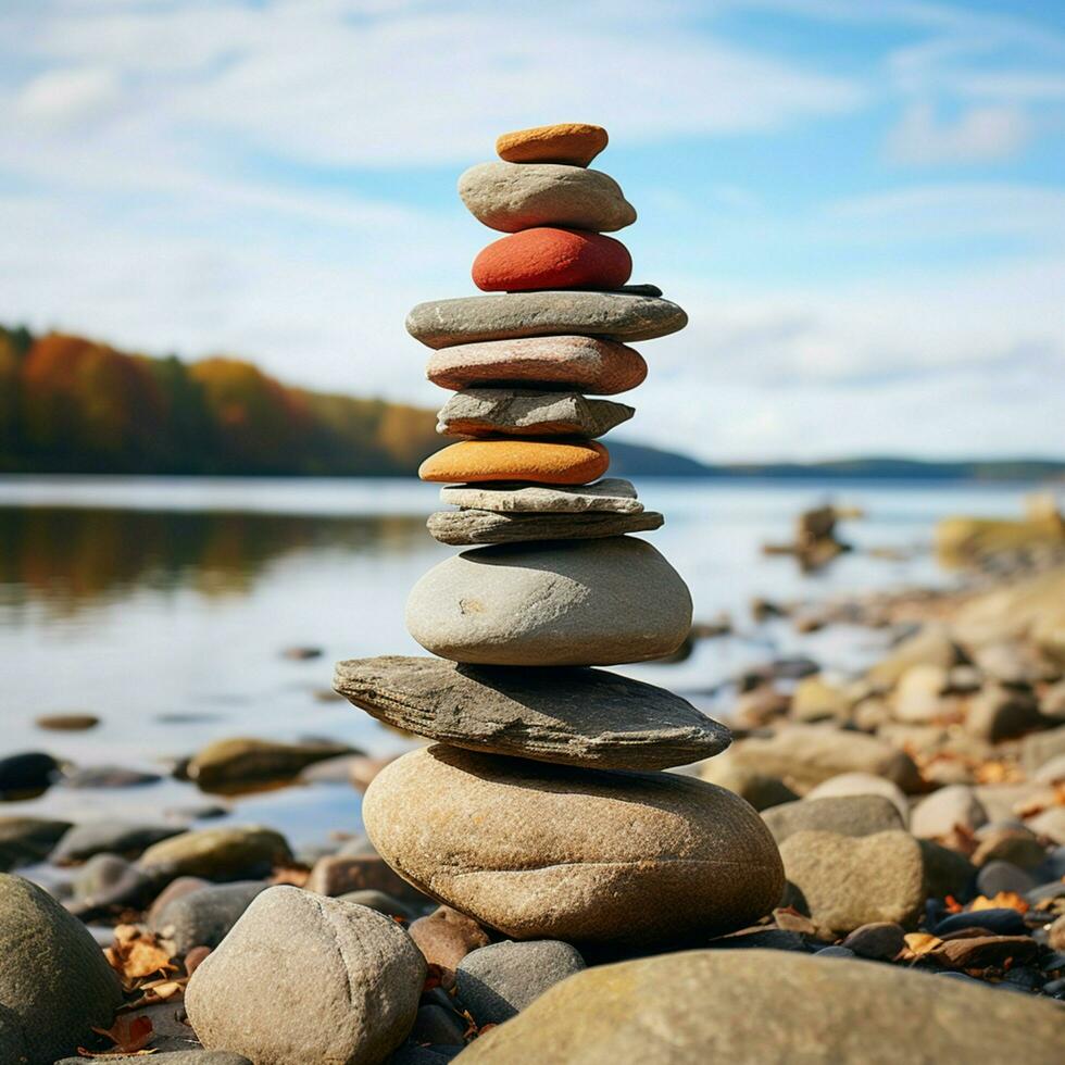 costiero tumulo pietre disposte nel un' mare piramide, un' tranquillo e naturale monumento per sociale media inviare dimensione ai generato foto