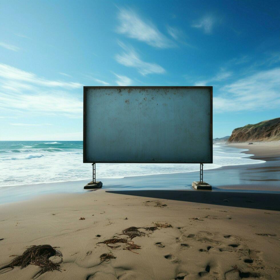 di fronte al mare tabellone vuoto Schermo in mezzo sabbioso riva e espansivo paesaggio marino per sociale media inviare dimensione ai generato foto