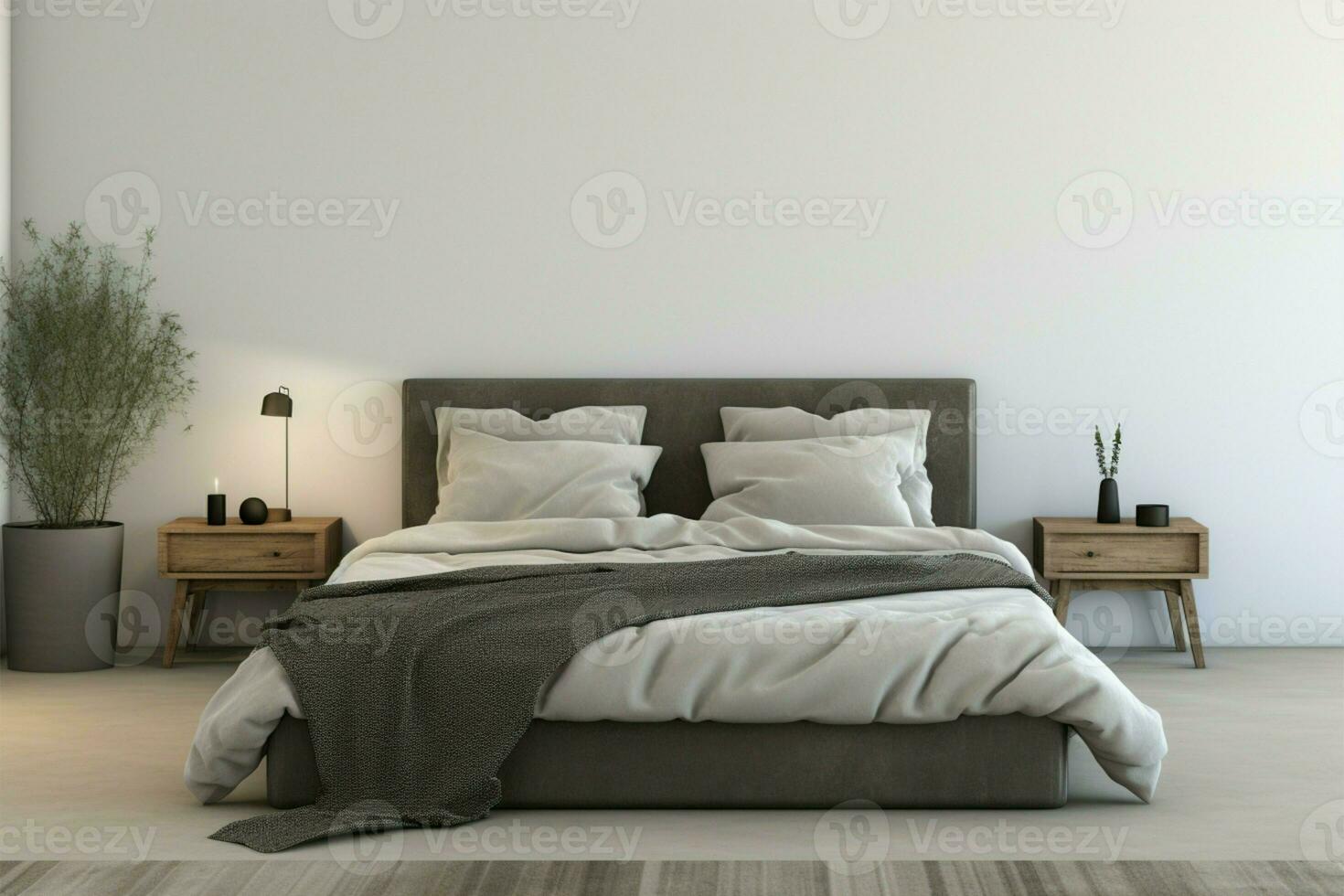 moderno Camera da letto interno modello, in mostra vuoto bianca parete per il tuo design ai generato foto