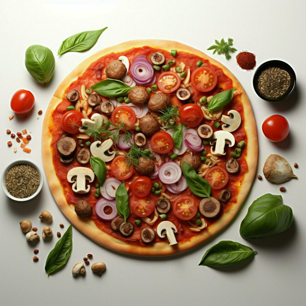 un' minimalista Visualizza di gustoso Pizza ingredienti, croccante isolato su bianca per sociale media inviare dimensione ai generato foto