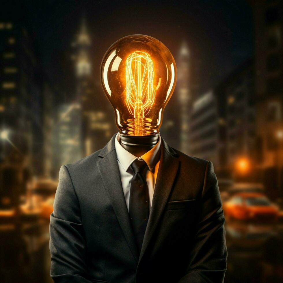 uomini d'affari lampada testa si illumina con un' brillante scintilla di idea per sociale media inviare dimensione ai generato foto