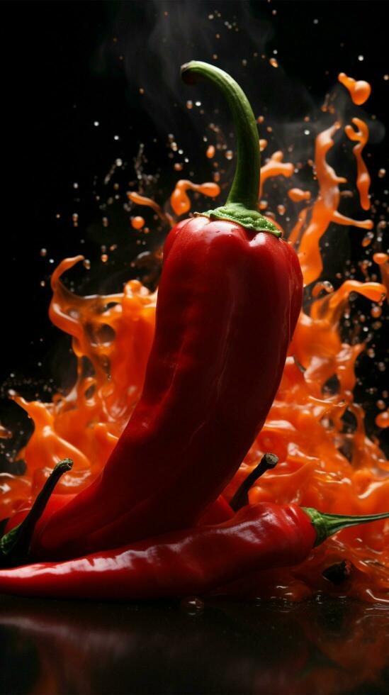 un' ardente rosso chili Pepe fumanti con bocca ardente intensità verticale mobile sfondo ai generato foto