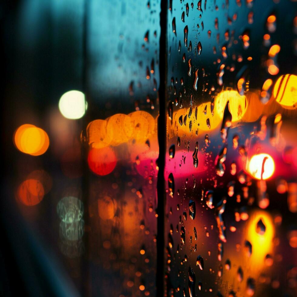 notti astratto ambiance finestra, sfocato luci, e colorato gocce di pioggia per sociale media inviare dimensione ai generato foto