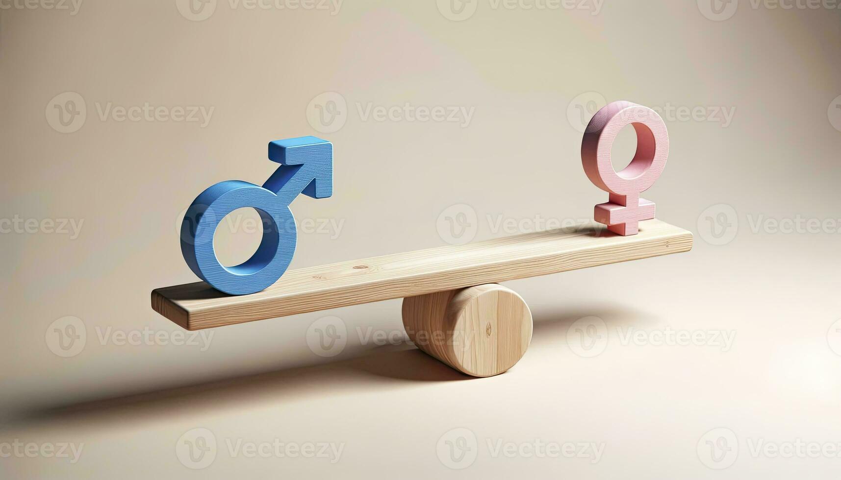 un' di legno altalena con un' blu maschio cartello su uno fine e un' rosa femmina cartello su il Altro, perfettamente equilibrato contro un' neutro sfondo. ai generativo foto