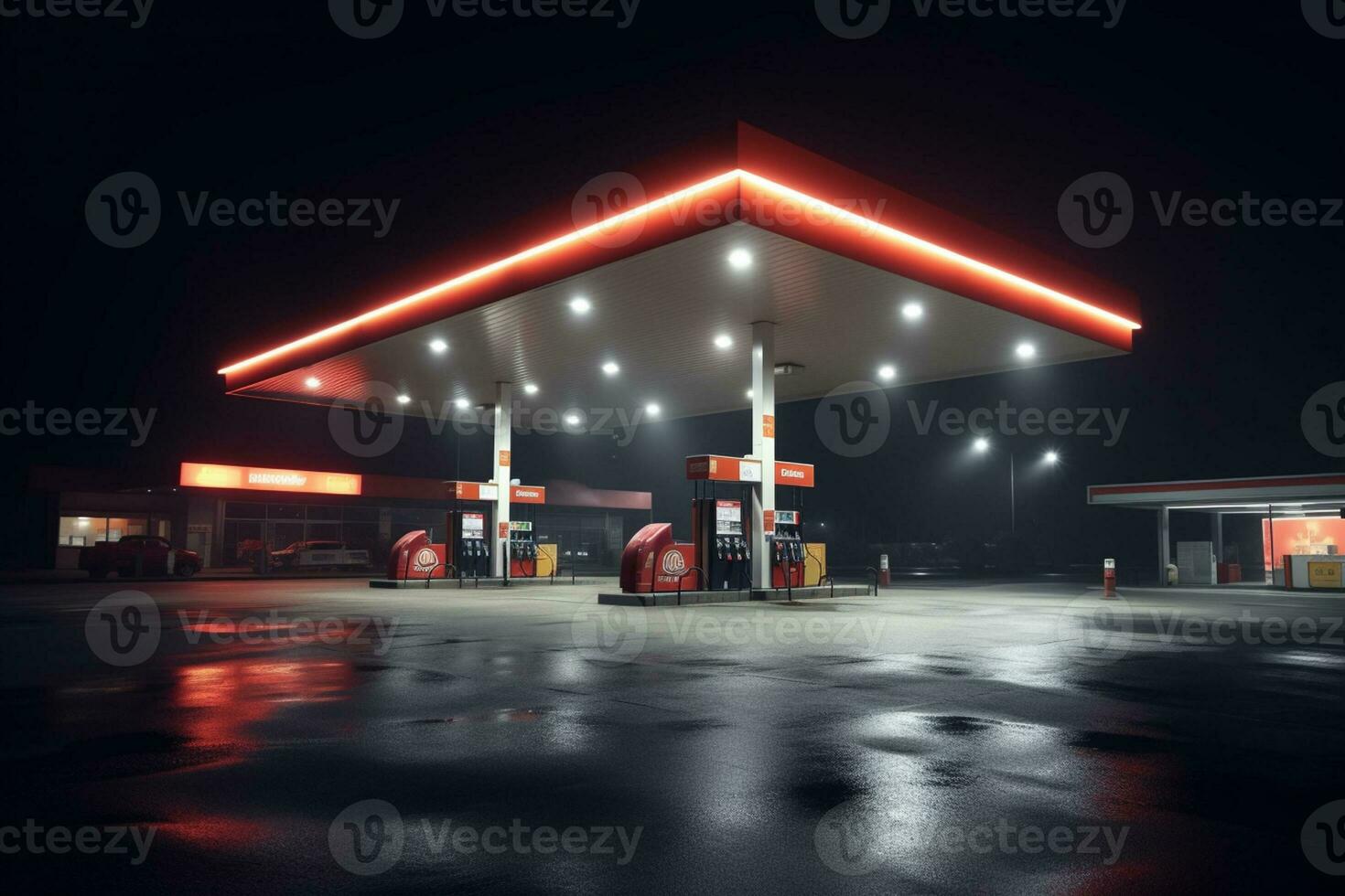 gas e olio stazione a notte nel il nebbia. 3d interpretazione illustrazione. ai generato foto