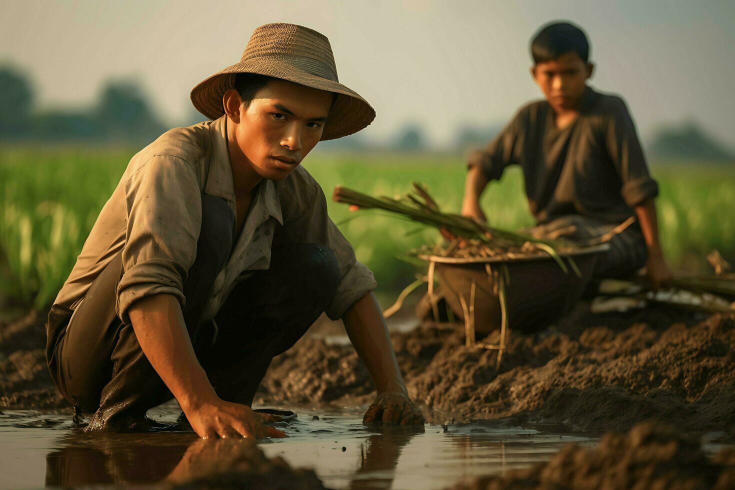 indonesiano uomo opera a riso campo ai generativo foto