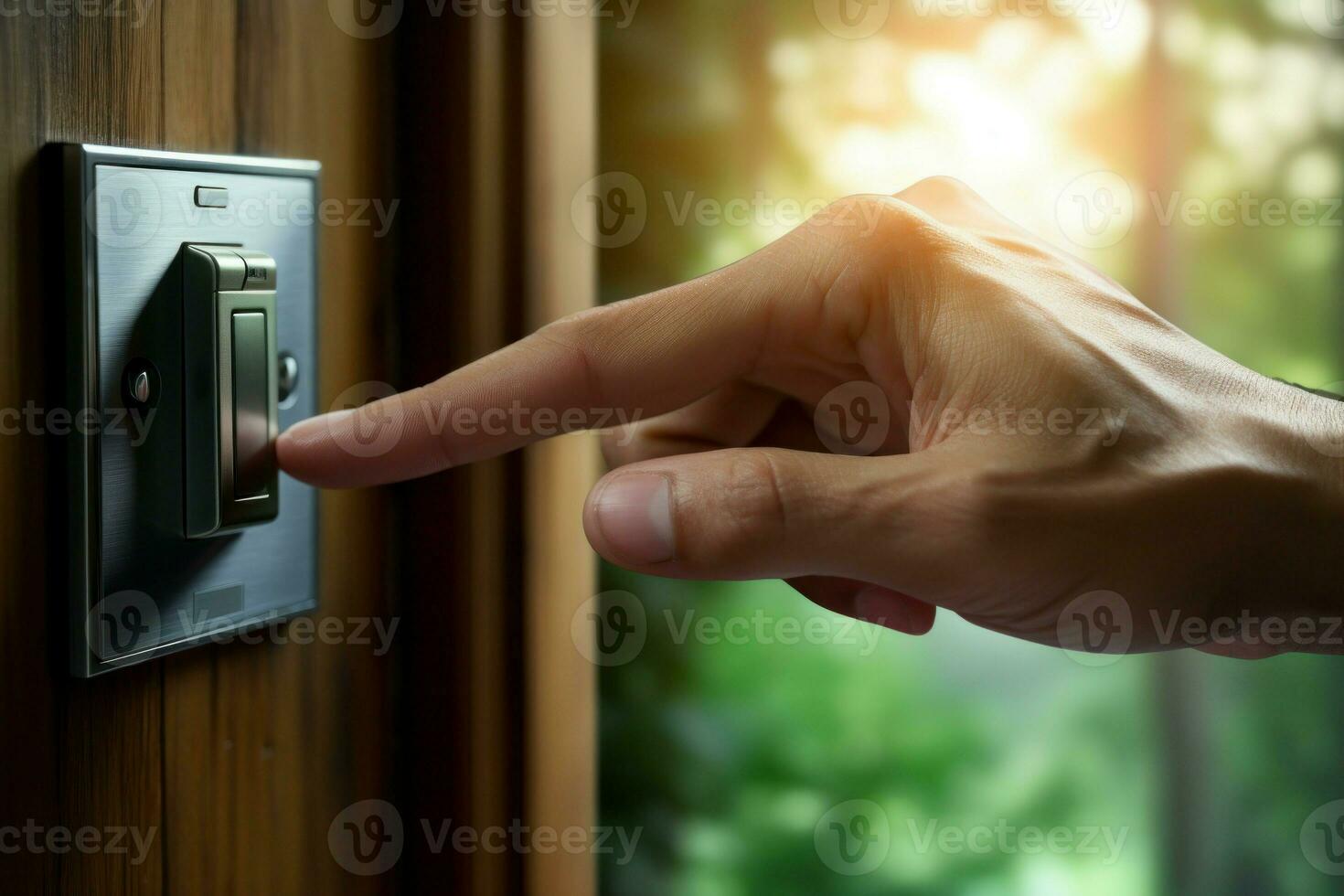 tattile mano toccare campanello di casa pulsante. creare ai foto