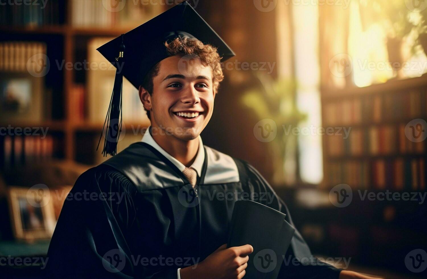 contento sorridente alunno nel accappatoio con diploma. creare ai foto