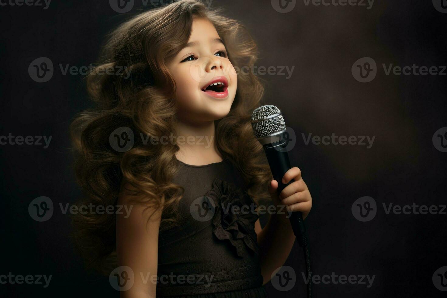 artistico poco ragazza con Riccio capelli cantare nel microfono. creare ai foto