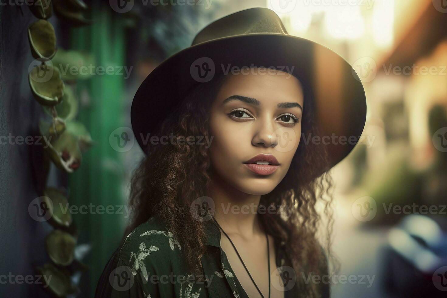 ragazza nel protettivo solare cappello su urbano strada. creare ai foto