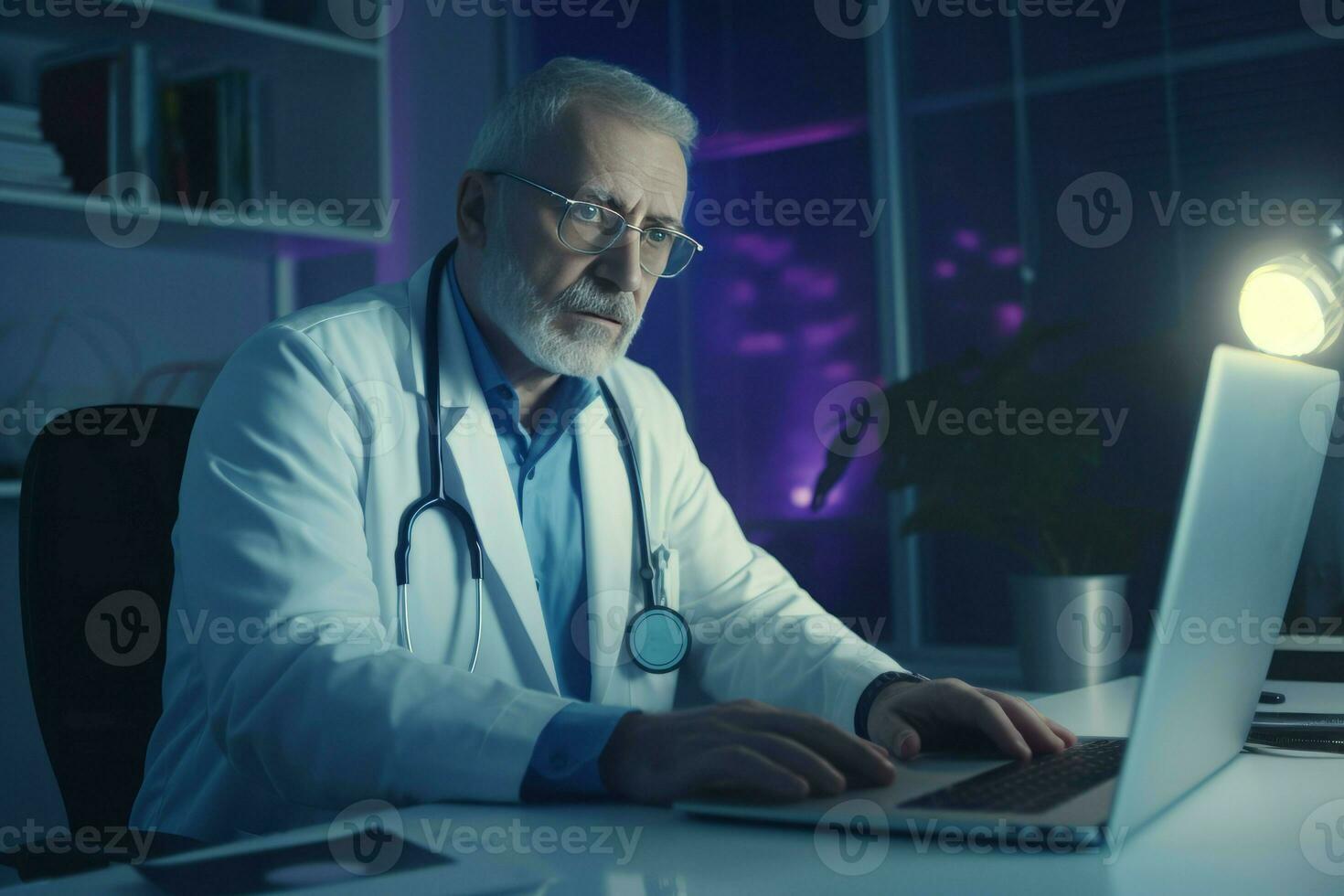 maturo medico opera a il computer portatile. creare ai foto
