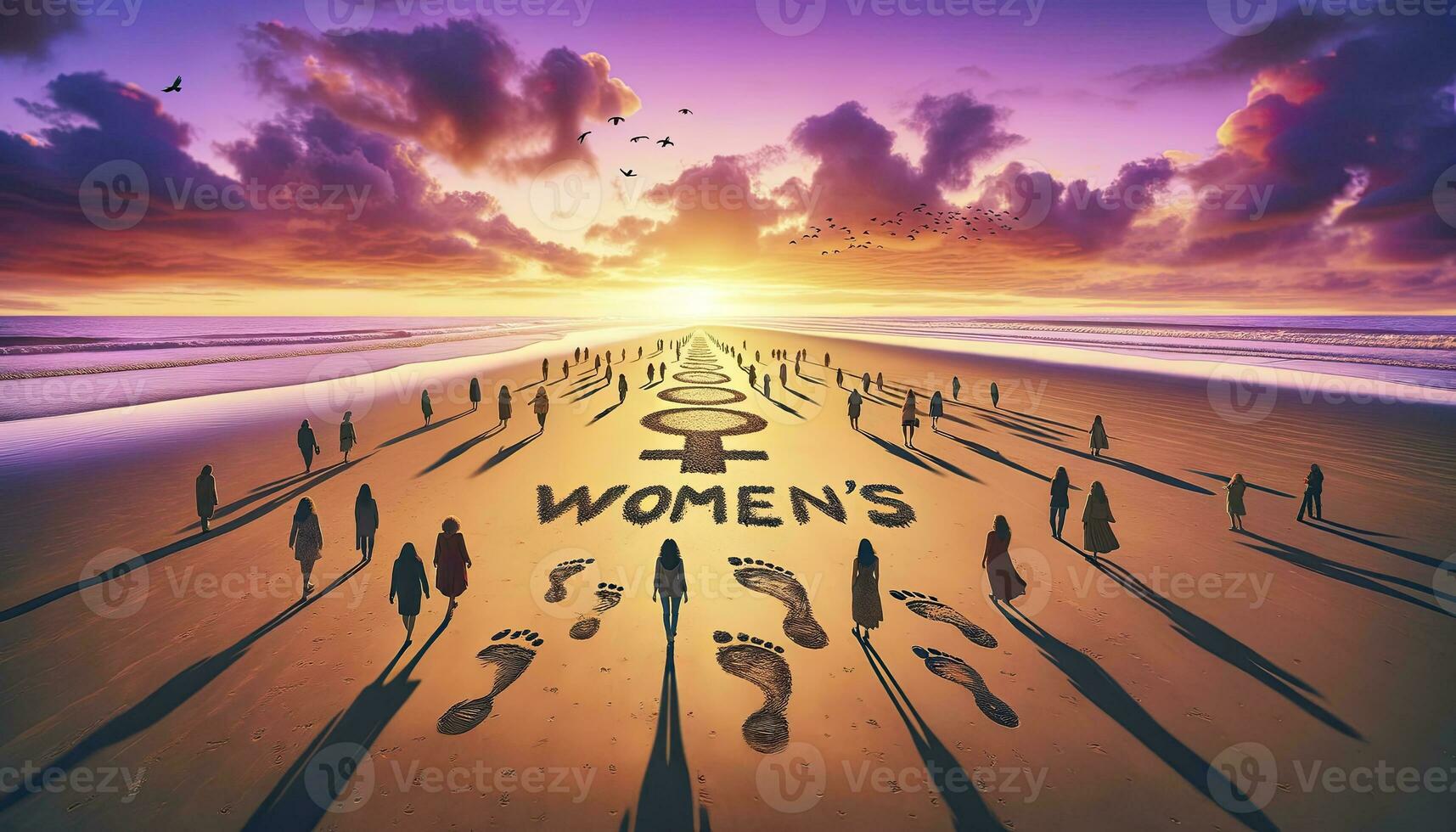 un' vasto spiaggia durante tramonto, cattura il simbolico viaggio e urto di donne, con un' vivace cielo e il tema di Da donna giorno essere rappresentato. ai generativo foto