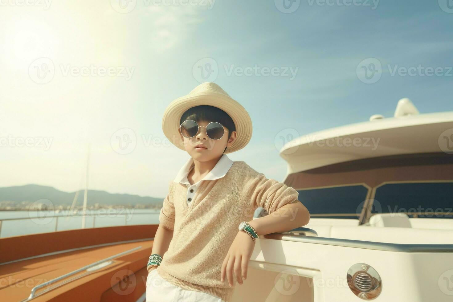 elegante coreano ragazzo su yacht. creare ai foto