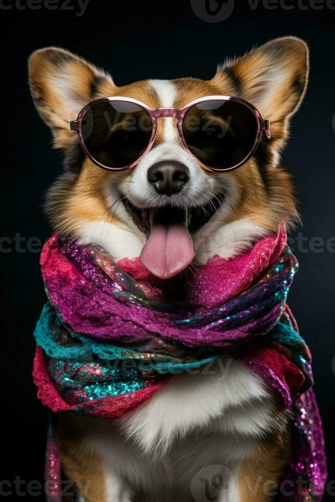 nuovo anni corgi cane con lustrino sciarpa e festivo occhiali da sole isolato su un' bianca sfondo foto