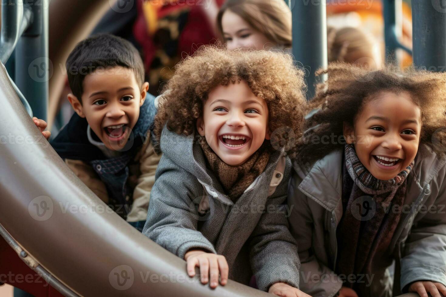 gioioso infanzia ricreazione - Candido foto di bambini ridendo e giocando insieme su terreno di gioco con sorridente facce - ai generato
