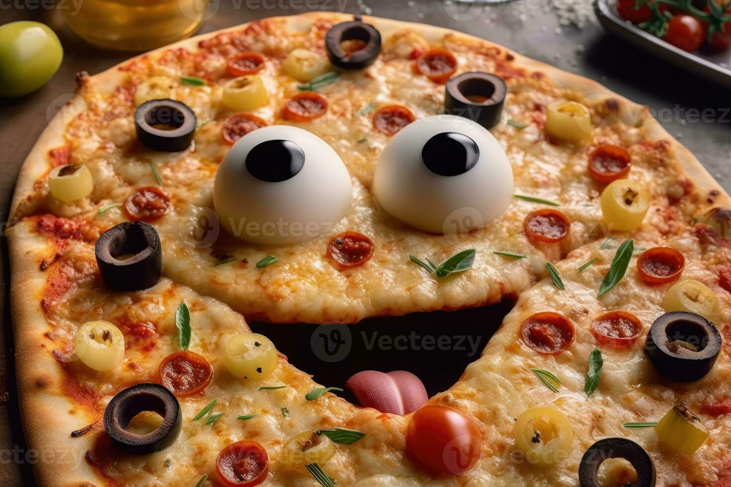 giocoso Pizza fetta con finto occhi pronto per essere divorato nel ristorante ambiance - ai generato foto