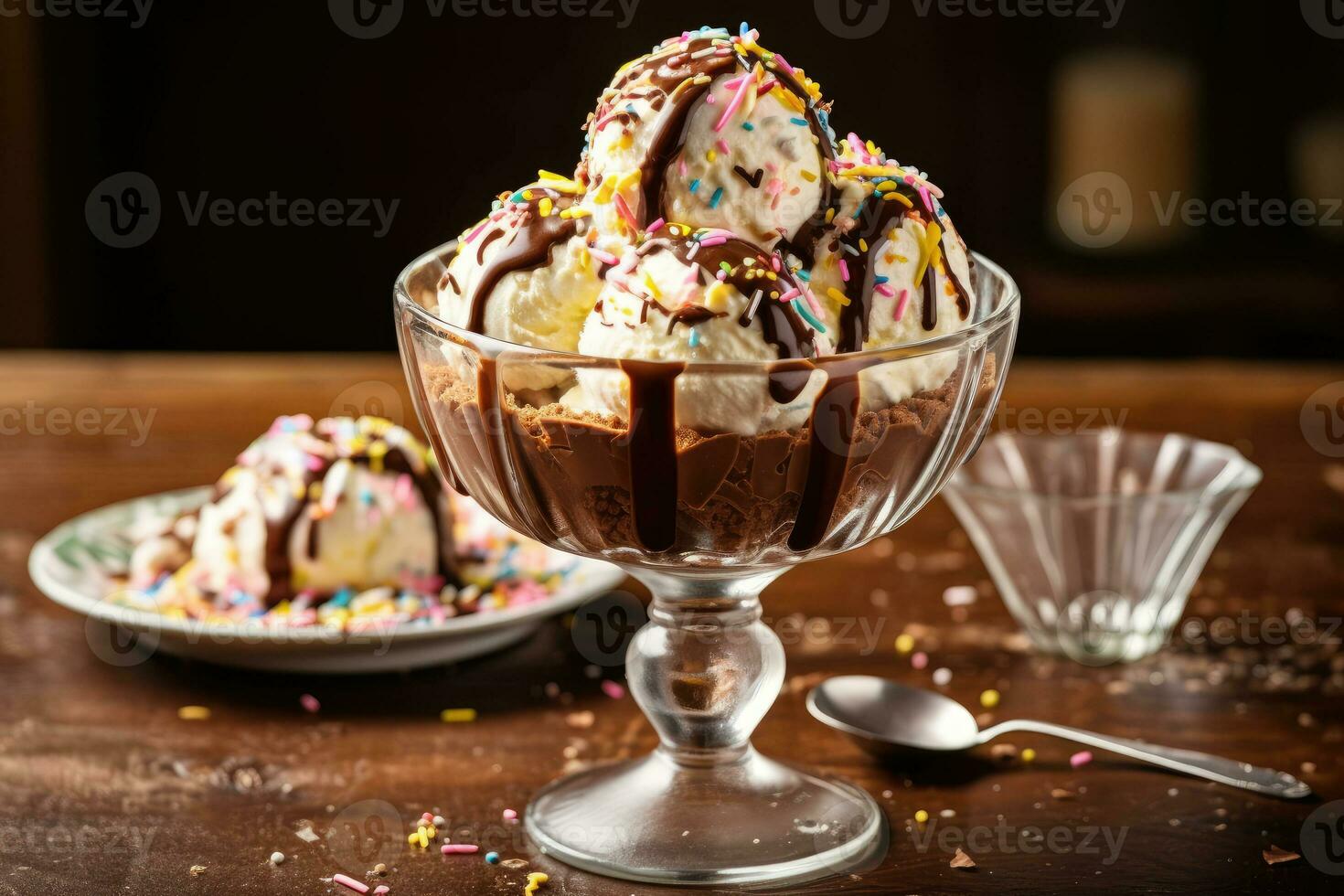 indulgente ghiaccio crema coppa di gelato guarnita con cioccolato salsa e spruzzatori su rustico di legno tavolo - cibo fotografia, dolce, Vintage ▾ bicchiere piatto - ai generato foto