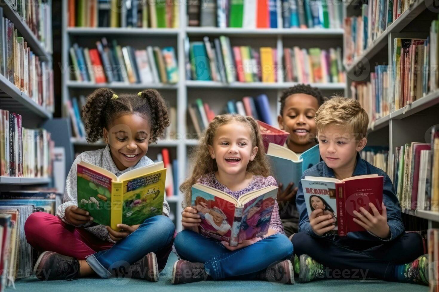 curioso bambini lettura libri insieme nel biblioteca - Candido educativo foto - ai generato