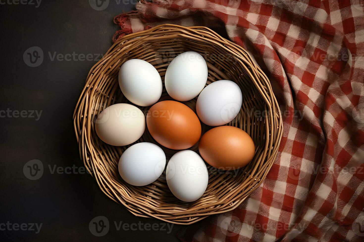 superiore Visualizza fresco pollo uova dentro cestino su buio tavolo, ai generativo foto