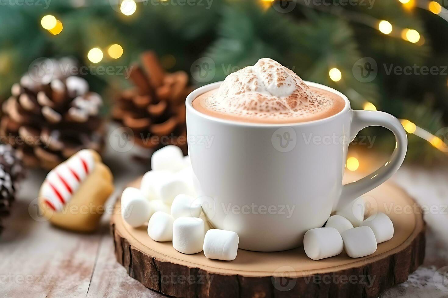 un' tazza di cacao con marshmallows avvicinamento su un' sfocato sfondo, ai generativo foto