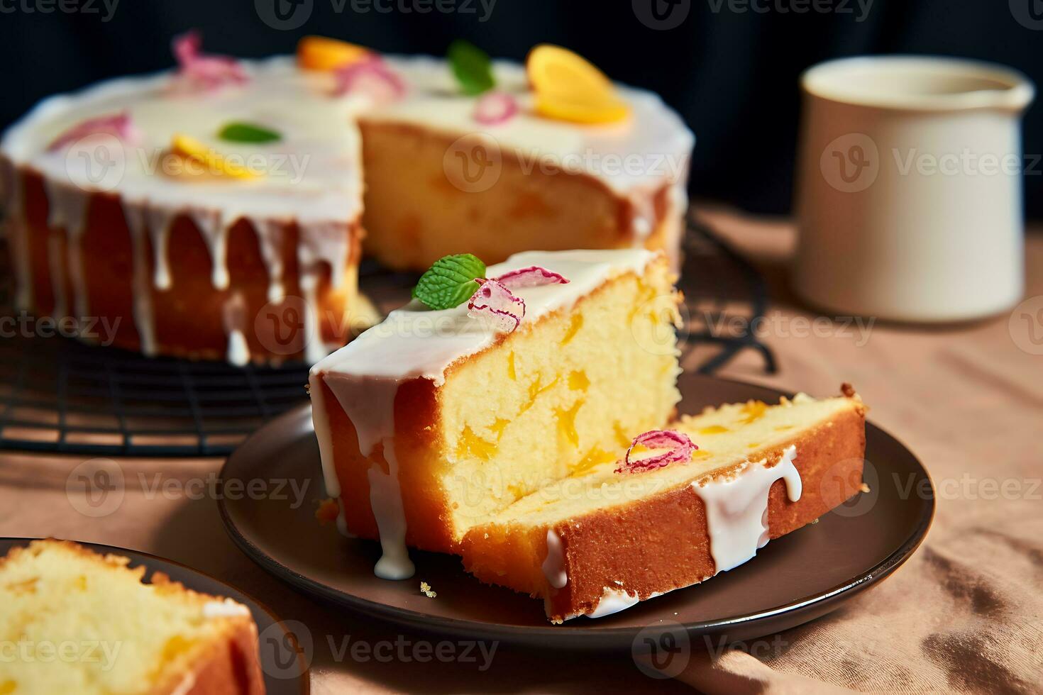 delizioso agrume torta su un' piatto con il pieno uno nel il sfondo, ai generativo foto