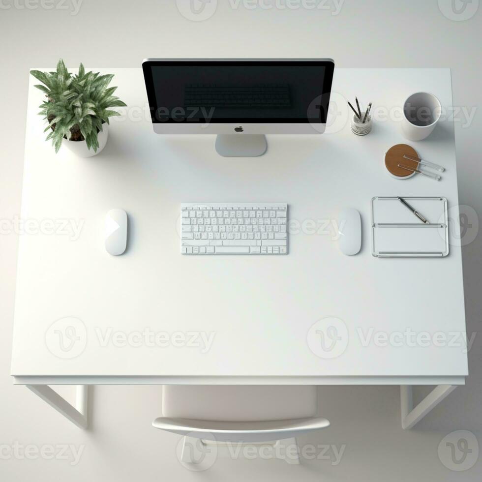 superiore Visualizza di 3d reso bianca ufficio tavolo sedia e il computer portatile moderno interno ai generativo foto