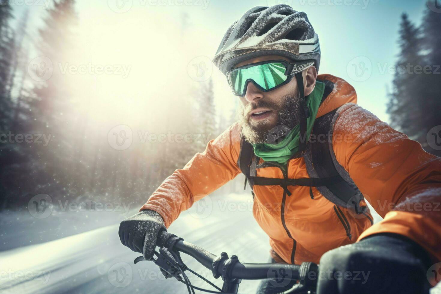 ciclista su bicicletta equitazione su inverno stagione. creare ai foto