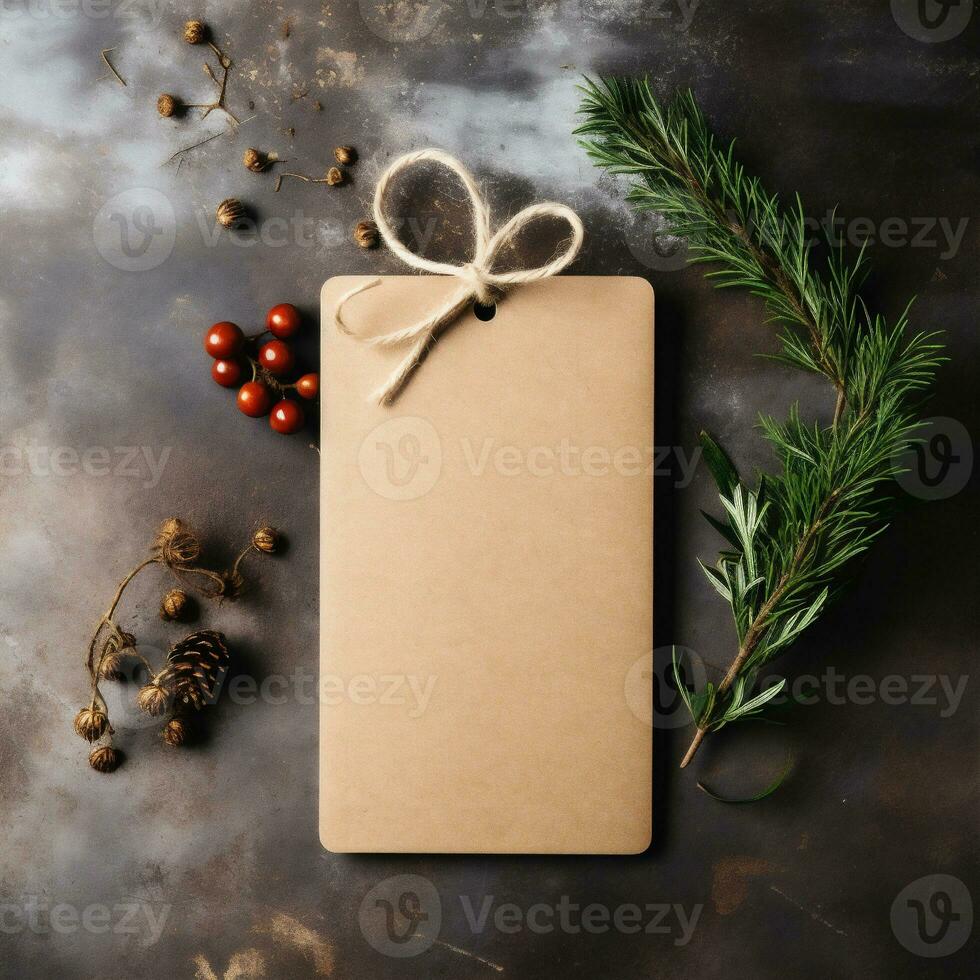 ai generativo. vuoto carta prezzo etichetta con Natale decorazione su rustico di legno sfondo foto